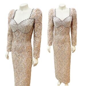 Lillie Rubin Pink Sequin Long Sleeve Gown with Crystals and Pearl Bust Sz 6
